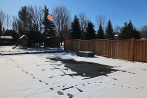 Pool Closed For The Winter With Snow On The Winter Safety Cover